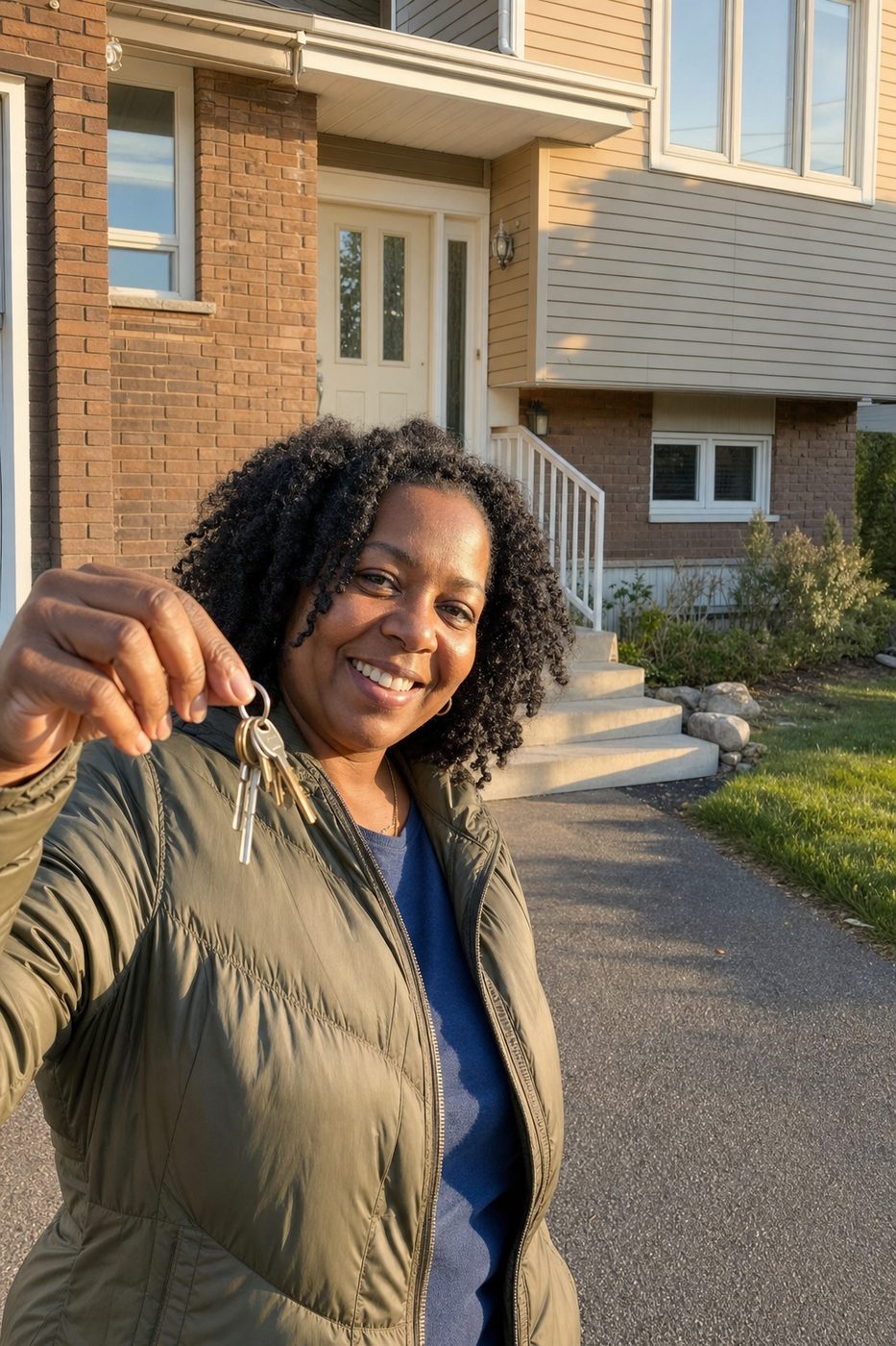 Propriétaire souriante qui tient les clés de sa maison à Laval