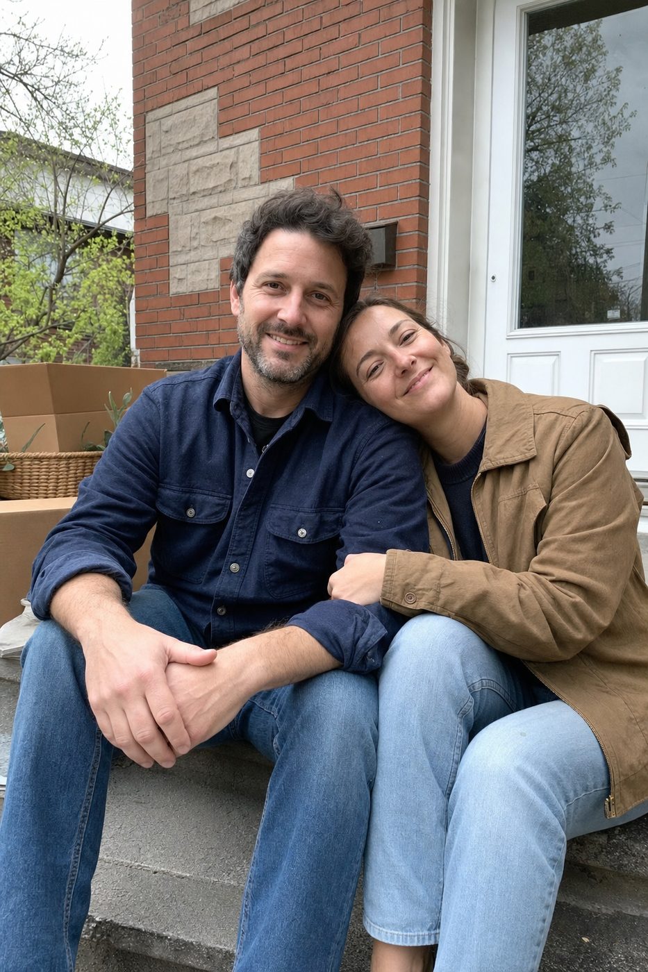 Frère et sœur sur les marches de la maison familiale à Longueuil