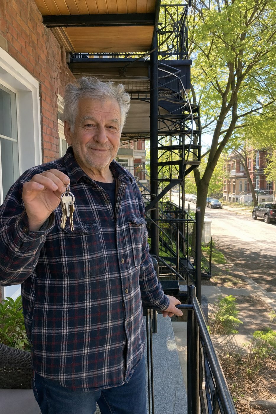 Propriétaire retraité sur le balcon de son triplex à Rosemont